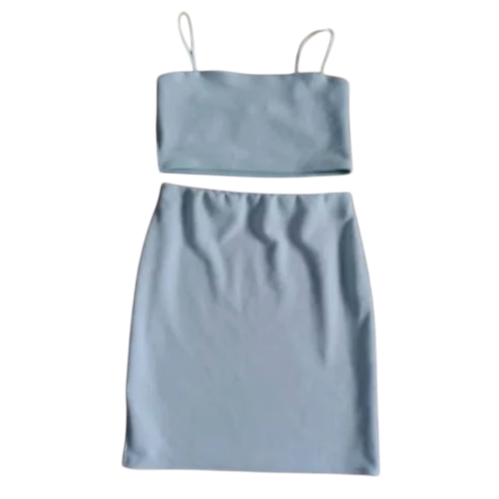 Boohoo Light Blue Textured Skirt Set Size 4